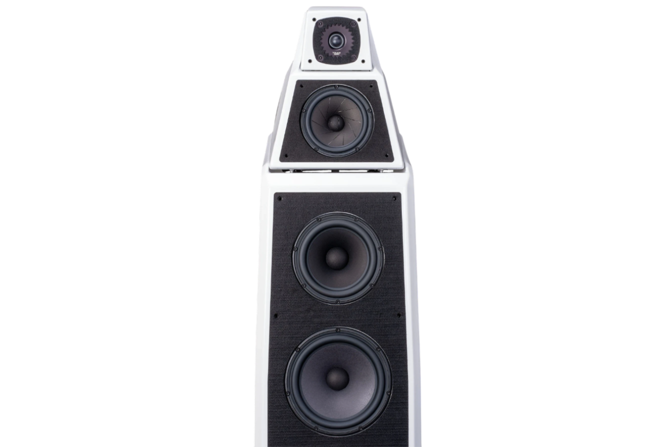 Salon 1 Audio Wilson Audio Alexia V floorstanding speaker in white with modular cabinet design and high-end drivers.