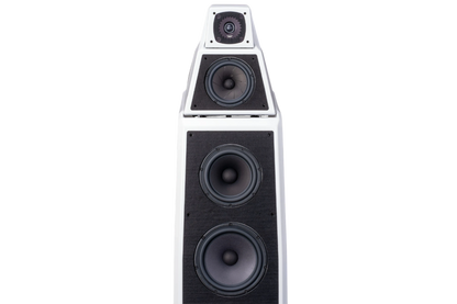 Salon 1 Audio Wilson Audio Alexia V floorstanding speaker in white with modular cabinet design and high-end drivers.