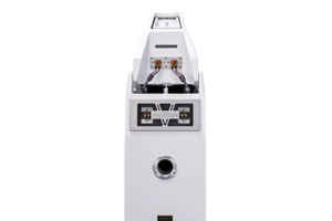 Rear view of white Salon 1 Audio Wilson Audio Alexia V floorstanding speaker showing connection terminals and port