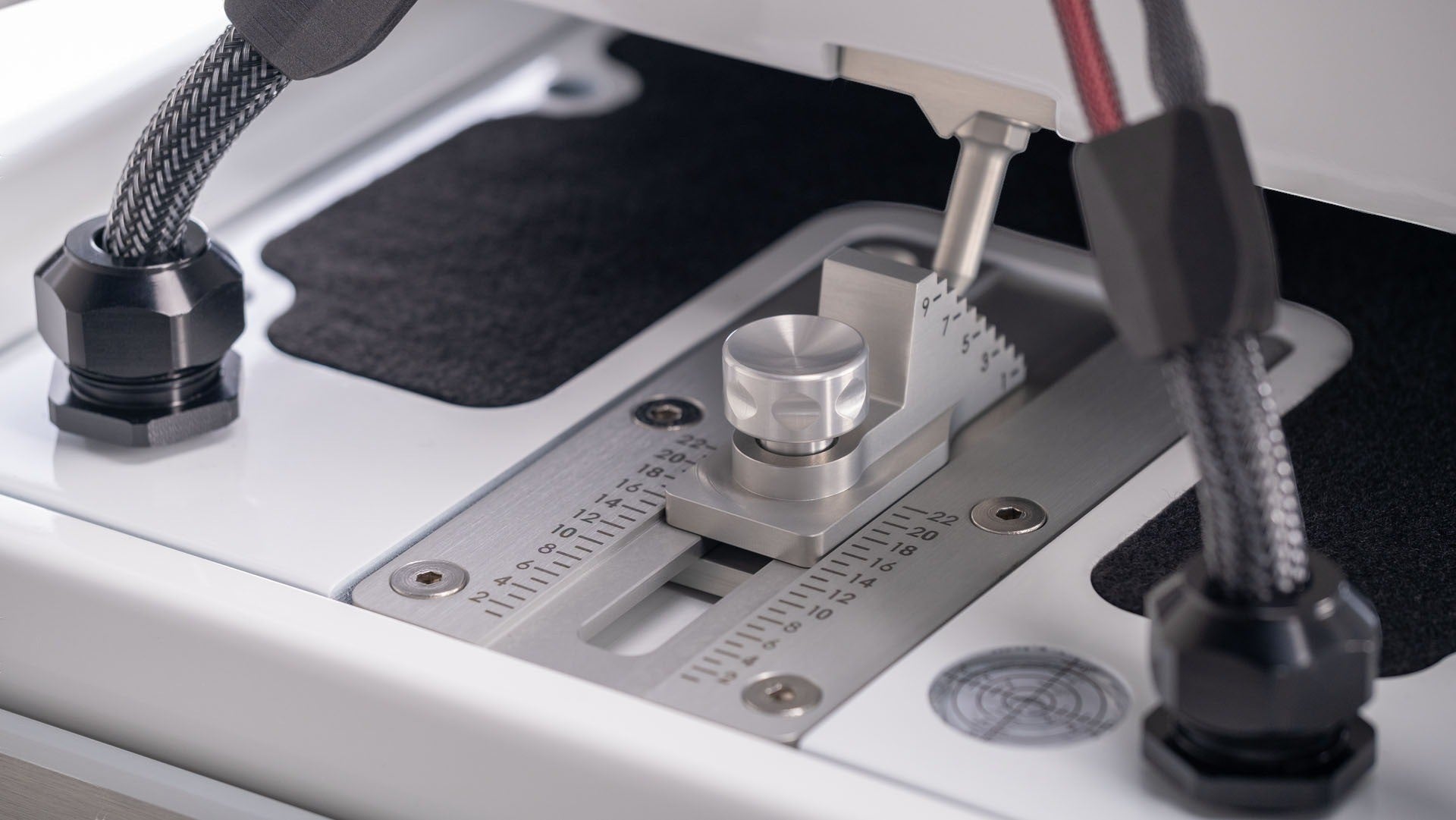 Close-up of the precision time alignment adjustment mechanism on a Salon 1 Audio Wilson Audio Alexia V speaker.