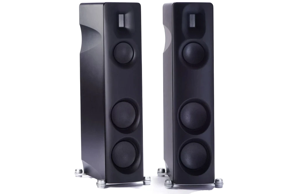Salon 1 Audio Børresen Z3 floor standing loudspeakers in satin black with planar ribbon tweeters and carbon drivers.