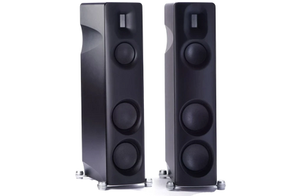 Salon 1 Audio Børresen Z3 floor standing loudspeakers in satin black with planar ribbon tweeters and carbon drivers.