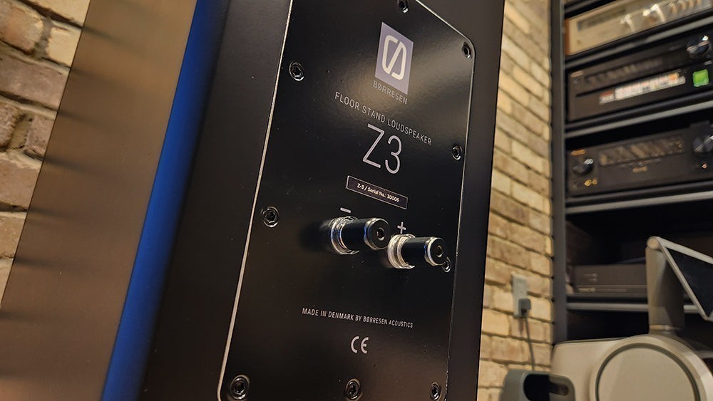 Salon 1 Audio Børresen Z3 floor standing loudspeaker rear panel showing binding posts and branding in satin black finish