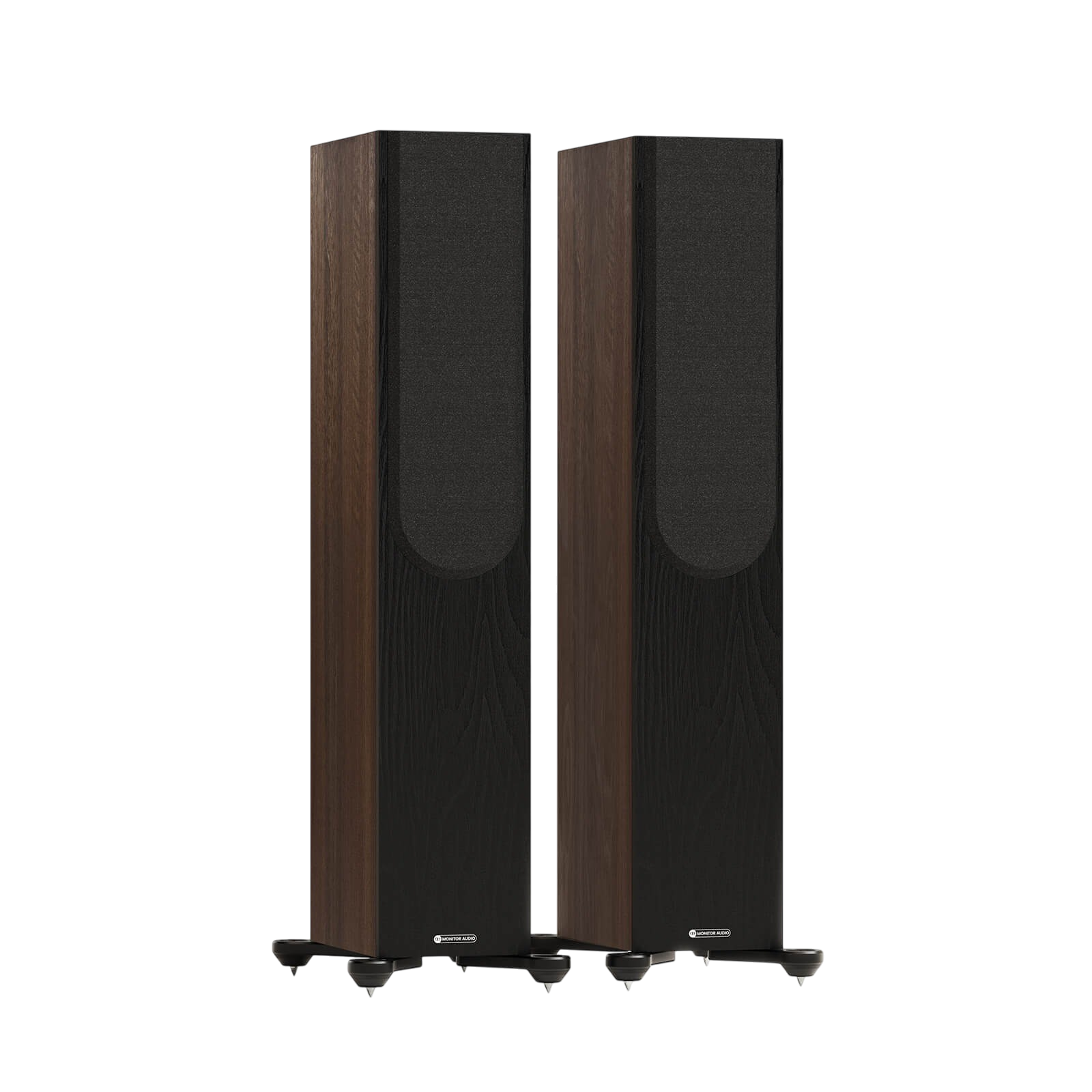 Salon 1 Audio Monitor Audio Bronze 300 7G floorstanding speakers in walnut finish with black grilles on outrigger feet.