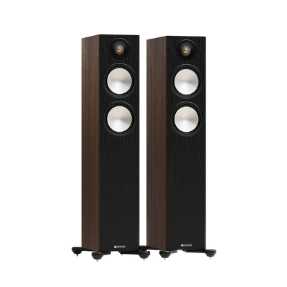 Salon 1 Audio Monitor Audio Bronze 300 7G floorstanding speakers in a dark wood finish with C-CAM drivers.