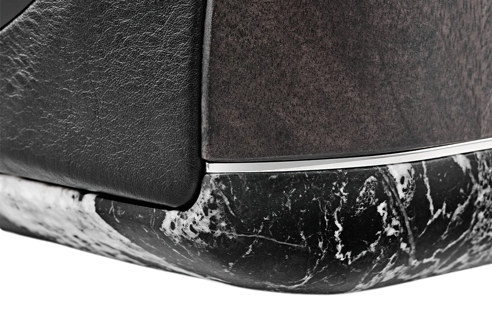 Salon 1 Audio Sonus faber Electa Amator III speaker detail showing walnut wood, black leather, and marble base.