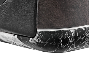 Salon 1 Audio Sonus faber Electa Amator III speaker detail showing walnut wood, black leather, and marble base.
