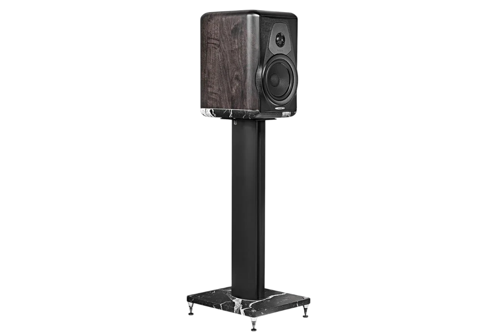 Salon 1 Audio Sonus faber Electa Amator III bookshelf speaker on a matching marble and aluminum stand