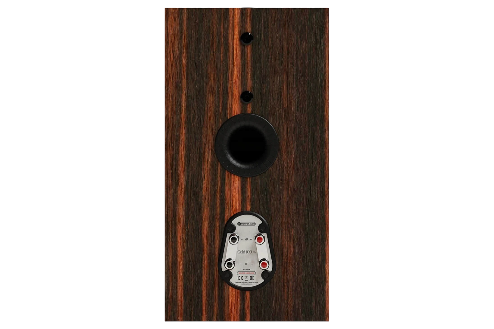 Salon 1 Audio Monitor Audio Gold 100 6G bookshelf speaker rear panel showing terminals and port in Macassar wood finish