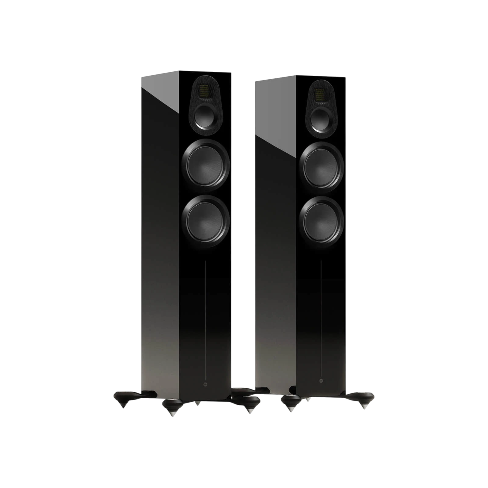 Salon 1 Audio Monitor Audio Gold 300 6G high-gloss black floorstanding speakers with MPD III tweeters.