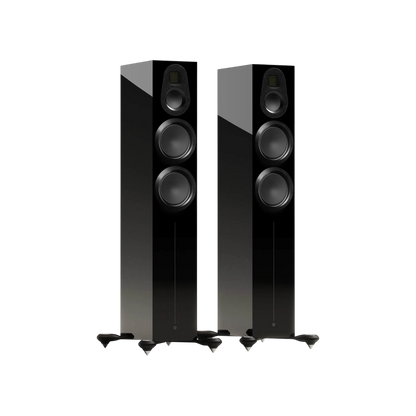 Salon 1 Audio Monitor Audio Gold 300 6G high-gloss black floorstanding speakers with MPD III tweeters.