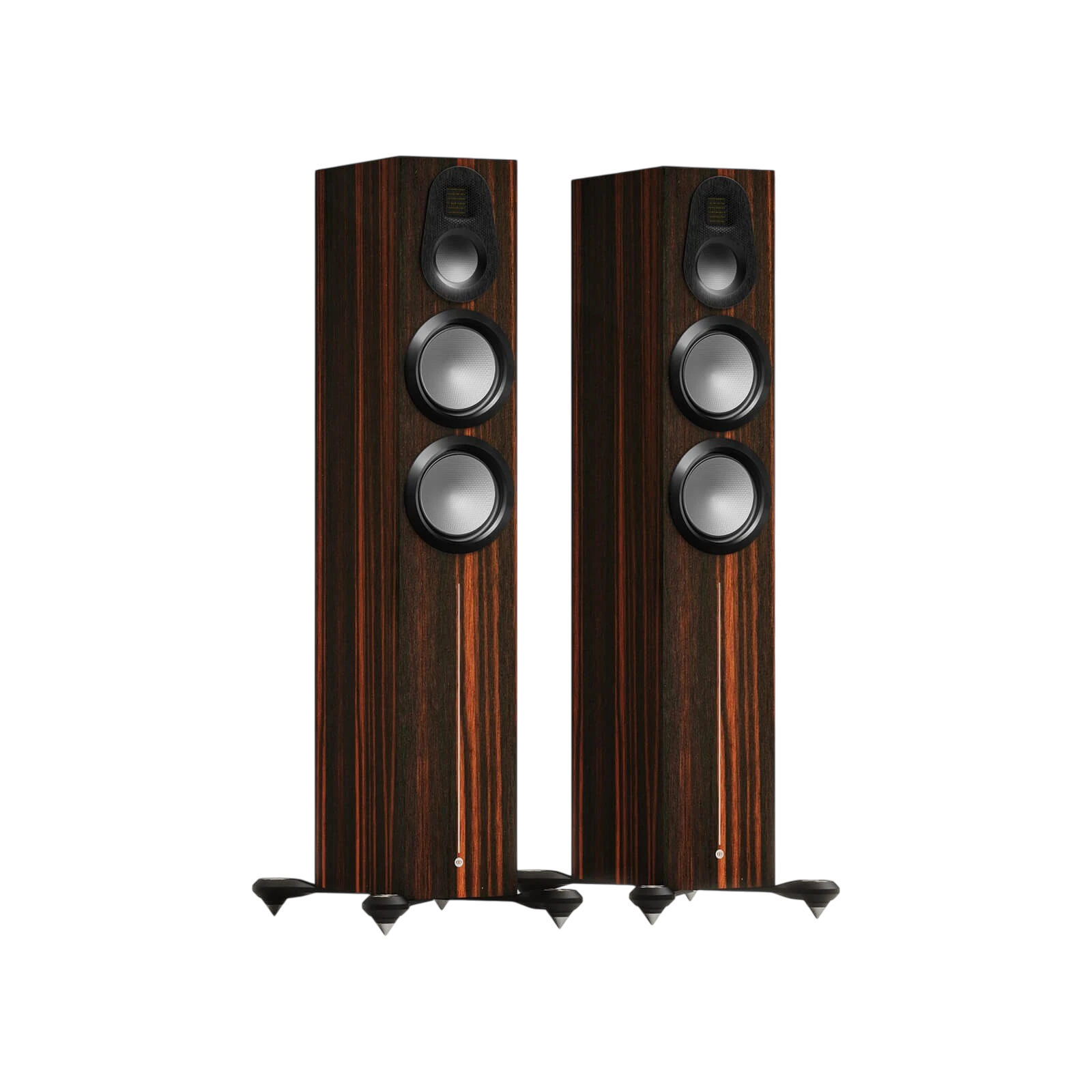Salon 1 Audio Monitor Audio Gold 300 6G floorstanding speakers in Macassar wood veneer with three-way driver array.