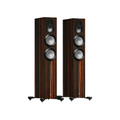 Salon 1 Audio Monitor Audio Gold 300 6G floorstanding speakers in Macassar wood veneer with three-way driver array.