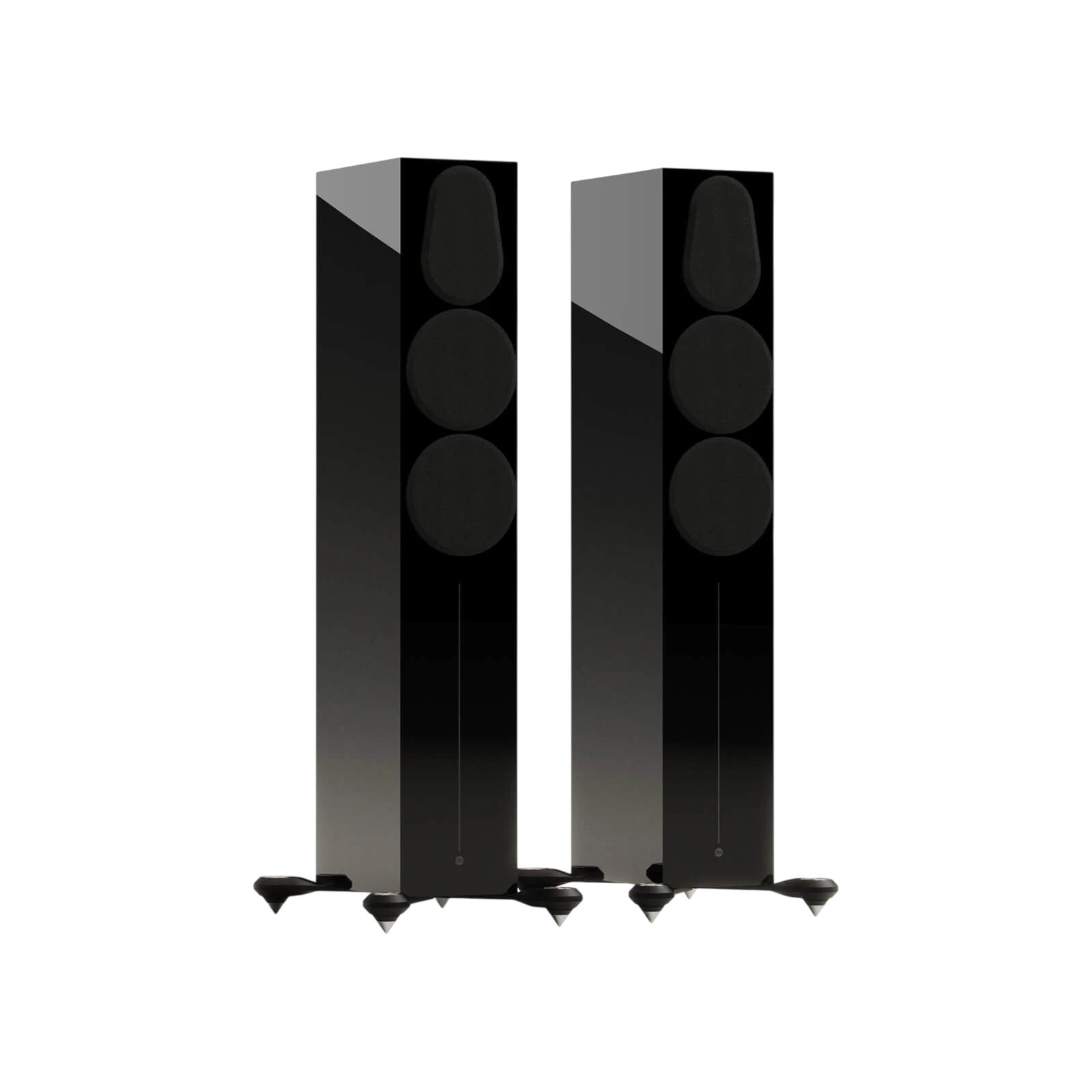 Salon 1 Audio Monitor Audio Gold 300 6G floorstanding speakers in high-gloss black with outrigger feet