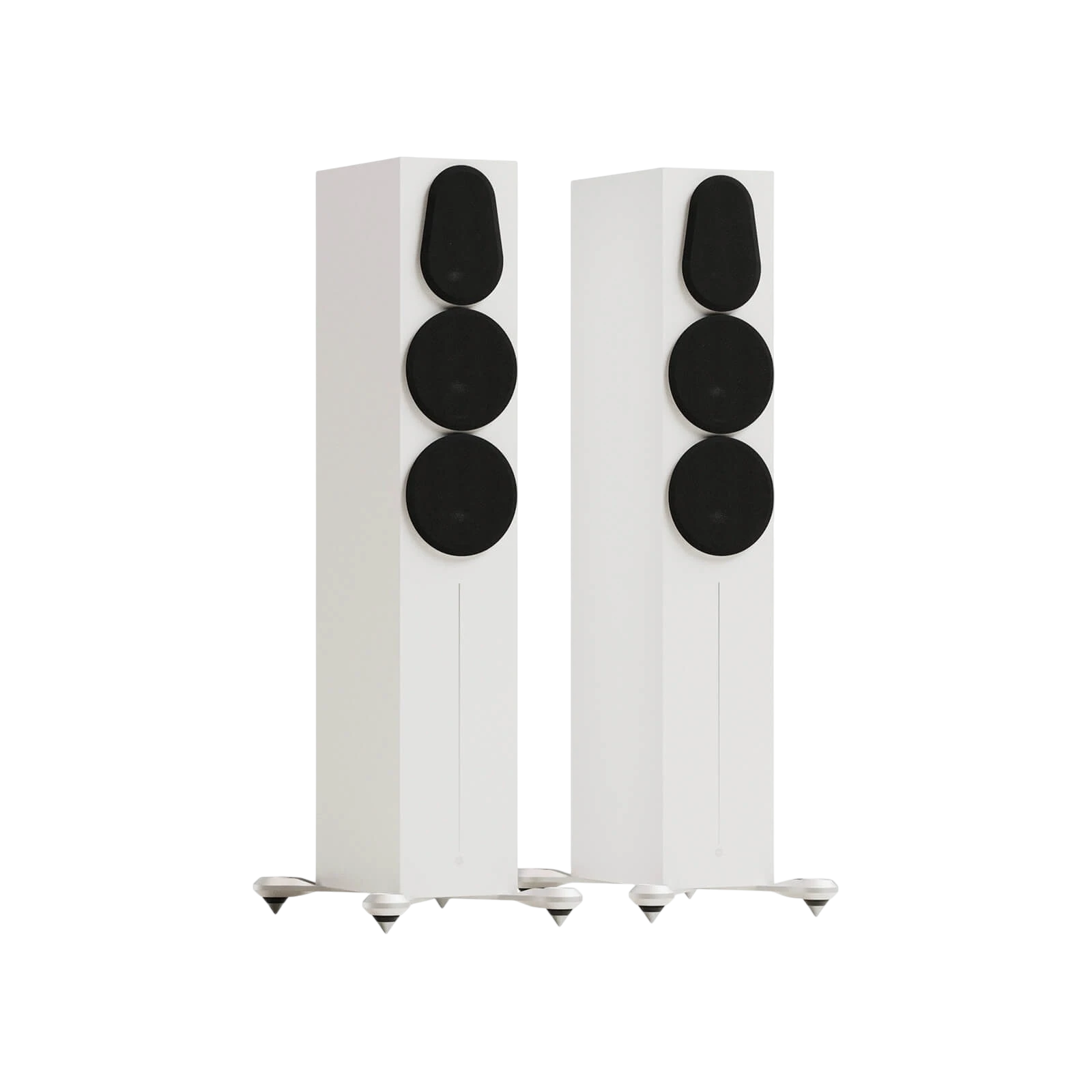 Salon 1 Audio Monitor Audio Gold 300 6G floorstanding speakers in satin white with black magnetic grilles attached.