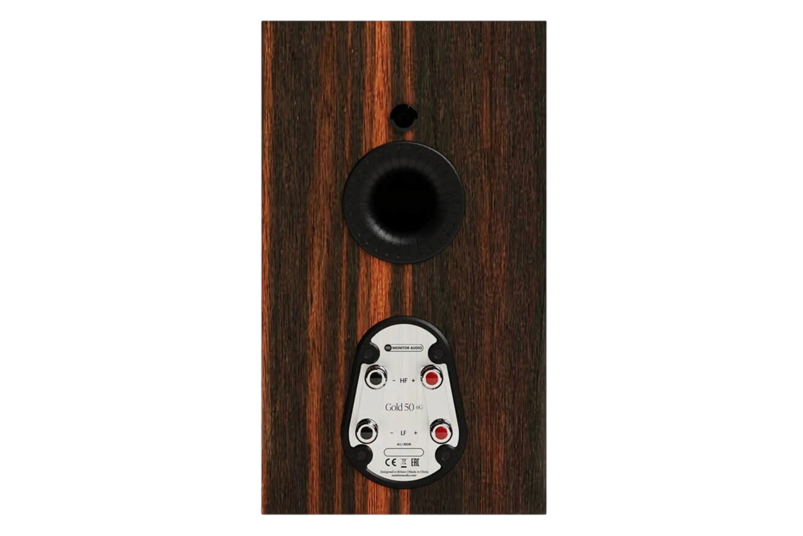 Salon 1 Audio Monitor Audio Gold 50 6G bookshelf speaker rear view showing terminals and bass port in Macassar wood