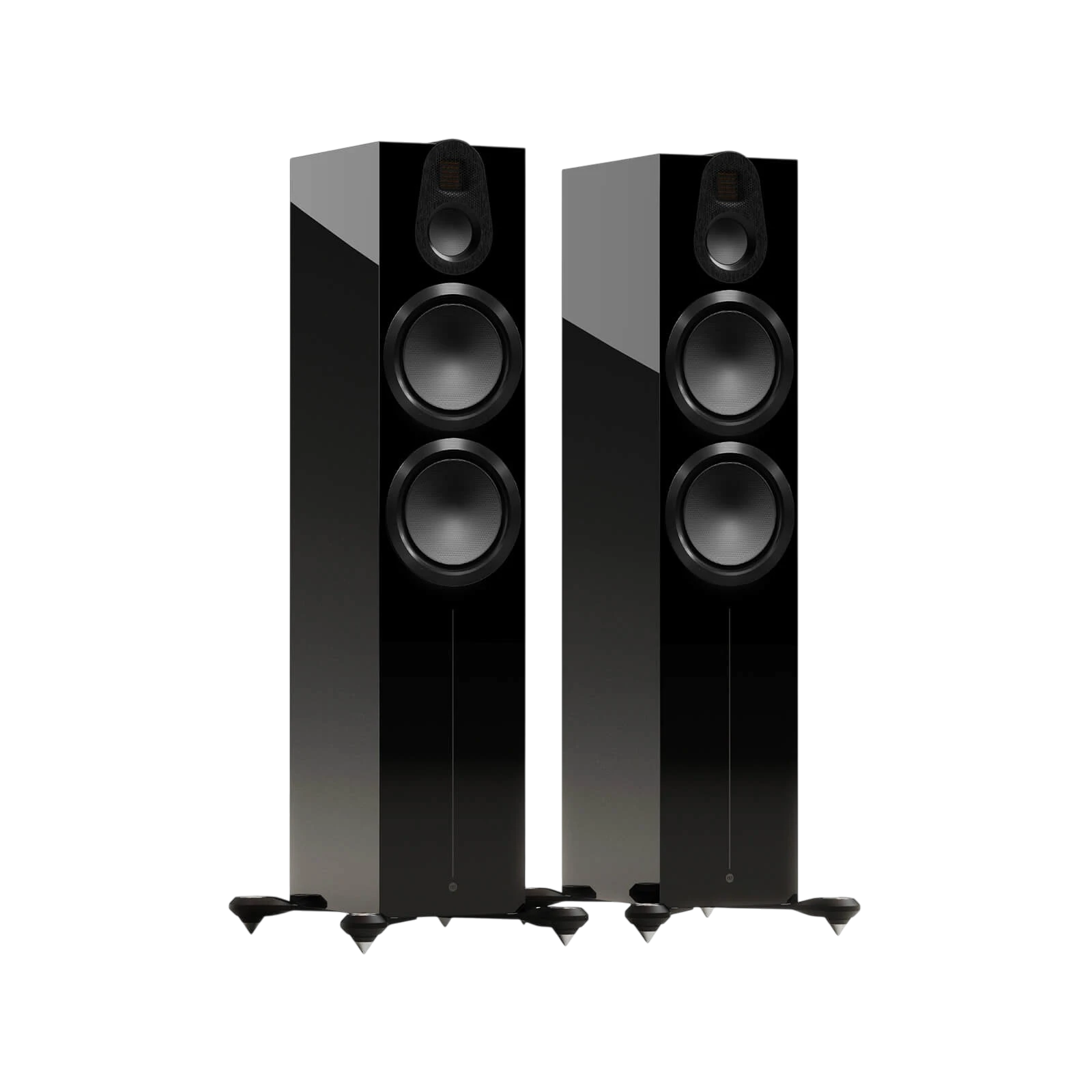 Salon 1 Audio Monitor Audio Gold 500 6G floorstanding speakers in high-gloss black with MPD III tweeter and drivers.