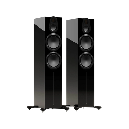 Salon 1 Audio Monitor Audio Gold 500 6G floorstanding speakers in high-gloss black with MPD III tweeter and drivers.