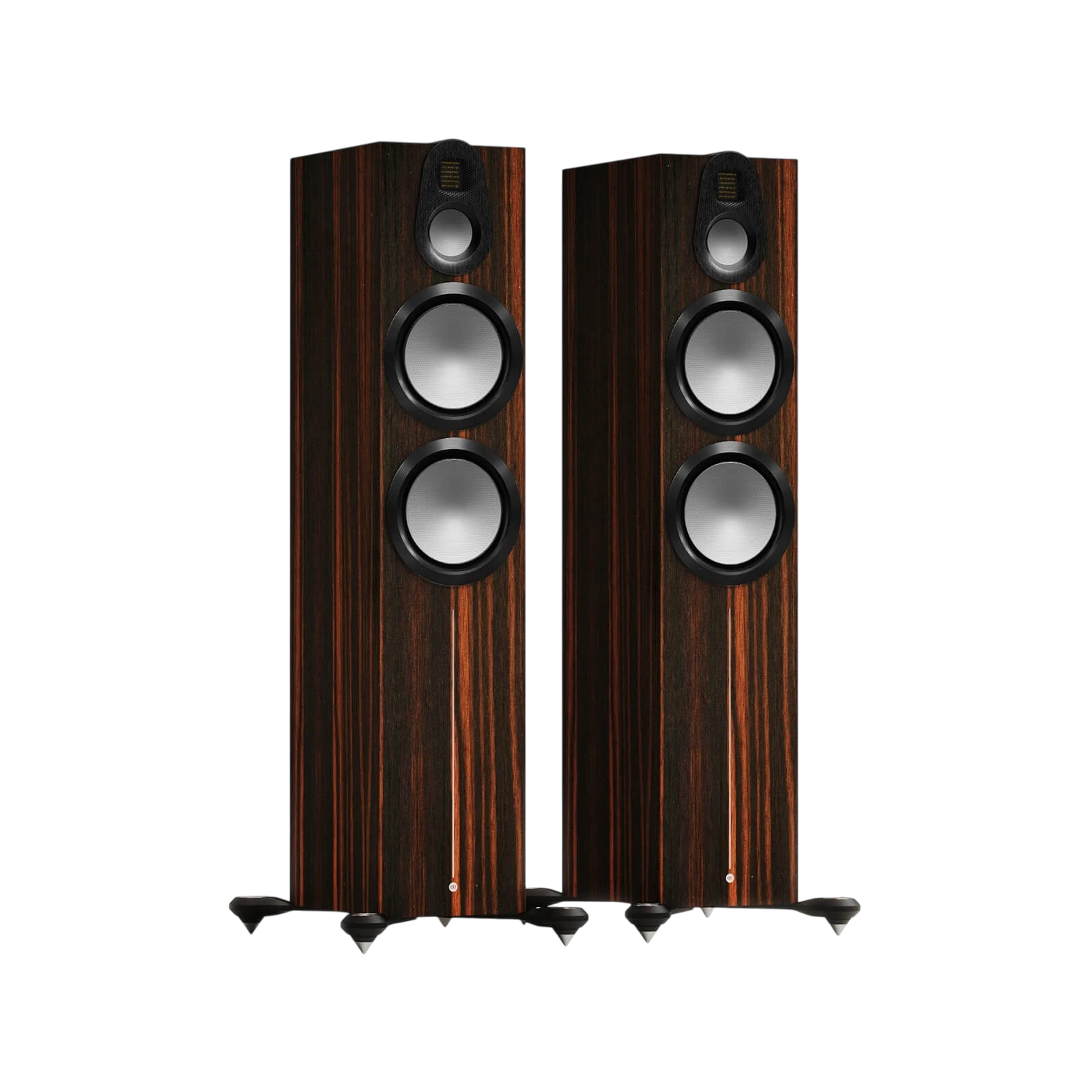 Salon 1 Audio Monitor Audio Gold 500 6G floorstanding speakers in Macassar wood veneer with silver drivers.