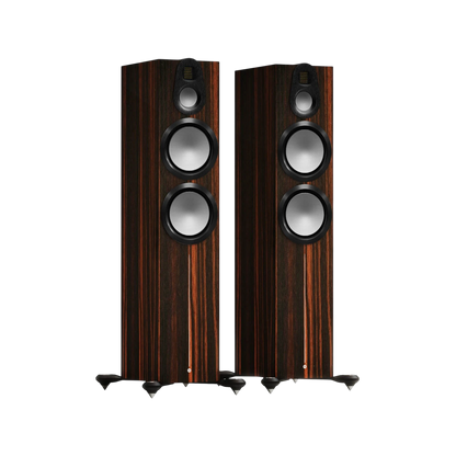 Salon 1 Audio Monitor Audio Gold 500 6G floorstanding speakers in Macassar wood veneer with silver drivers.