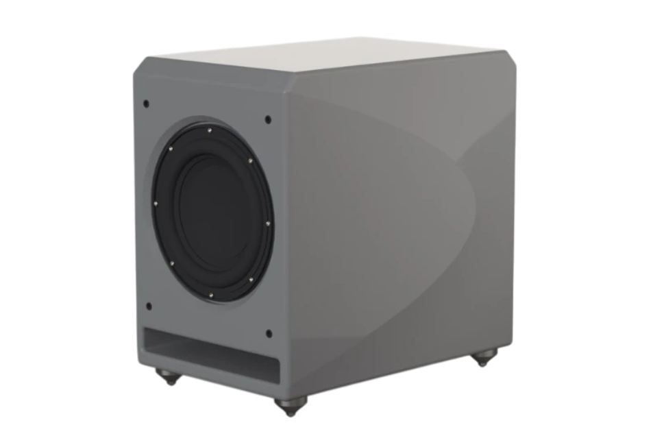 Salon 1 Audio Wilson Audio Lōkē active subwoofer in a sleek grey finish with a 10-inch long-throw driver.