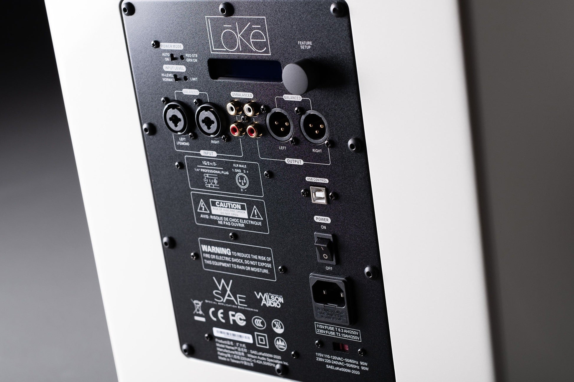Rear panel of the Salon 1 Audio Wilson Audio Lōkē active subwoofer showing XLR and RCA inputs and control settings.
