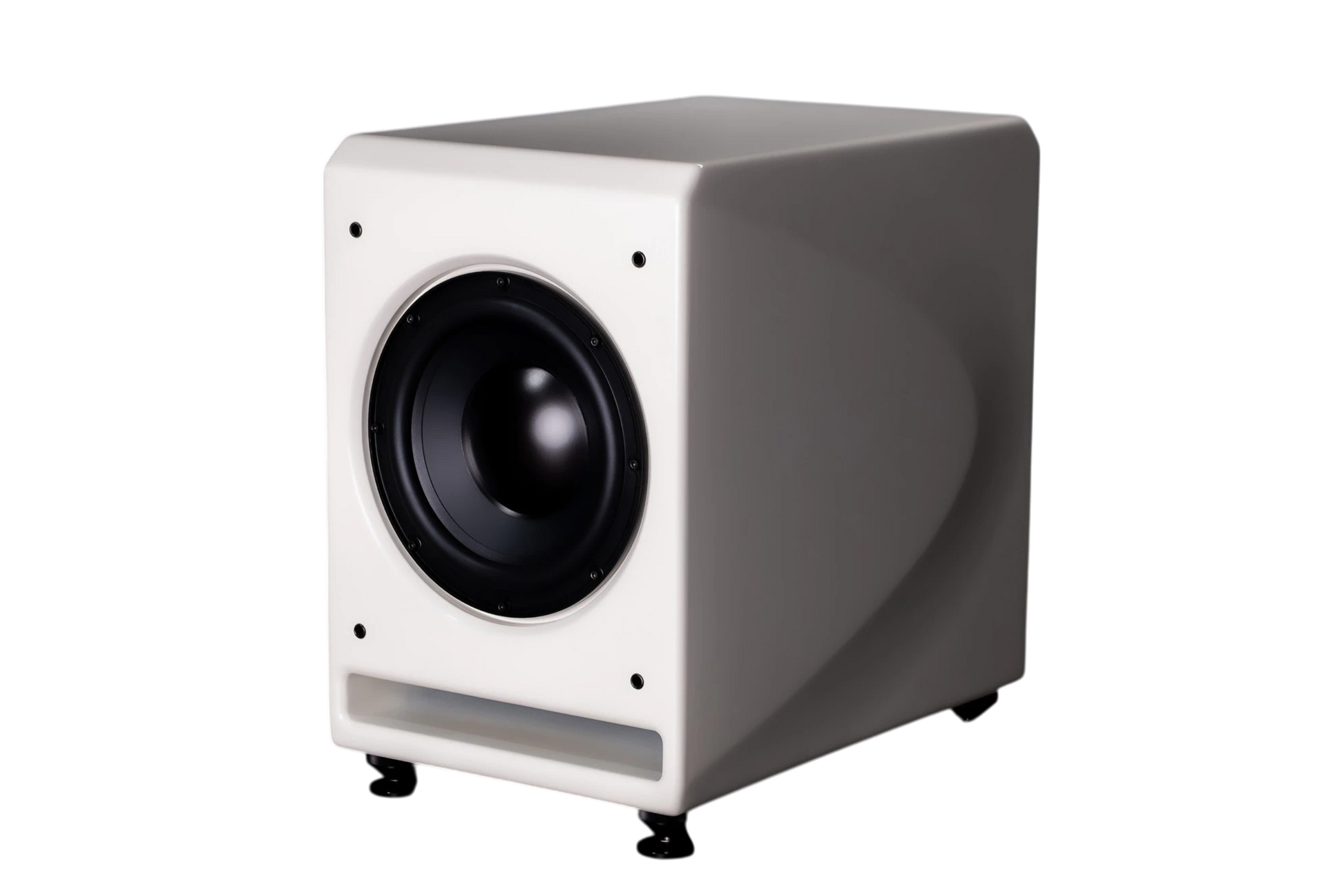 Salon 1 Audio Wilson Audio Loke active subwoofer in a glossy white finish with a 10-inch long-throw driver