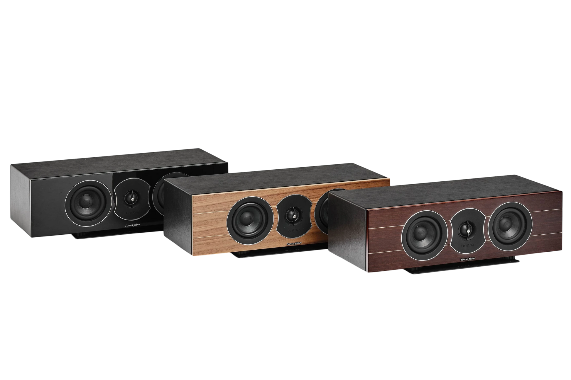 Salon 1 Audio Sonus faber Lumina Center I speakers in piano black, walnut, and wenge finishes with leather accents.