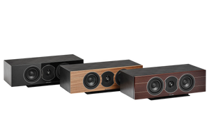Salon 1 Audio Sonus faber Lumina Center I speakers in piano black, walnut, and wenge finishes with leather accents.