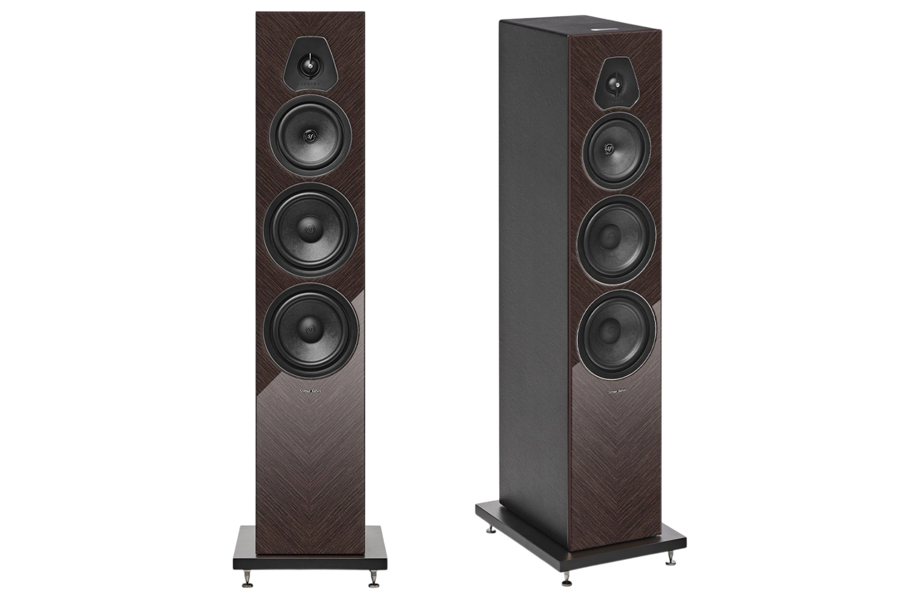 Salon 1 Audio Sonus faber Lumina V Amator floorstanding speakers in dark wood veneer with black leather accents