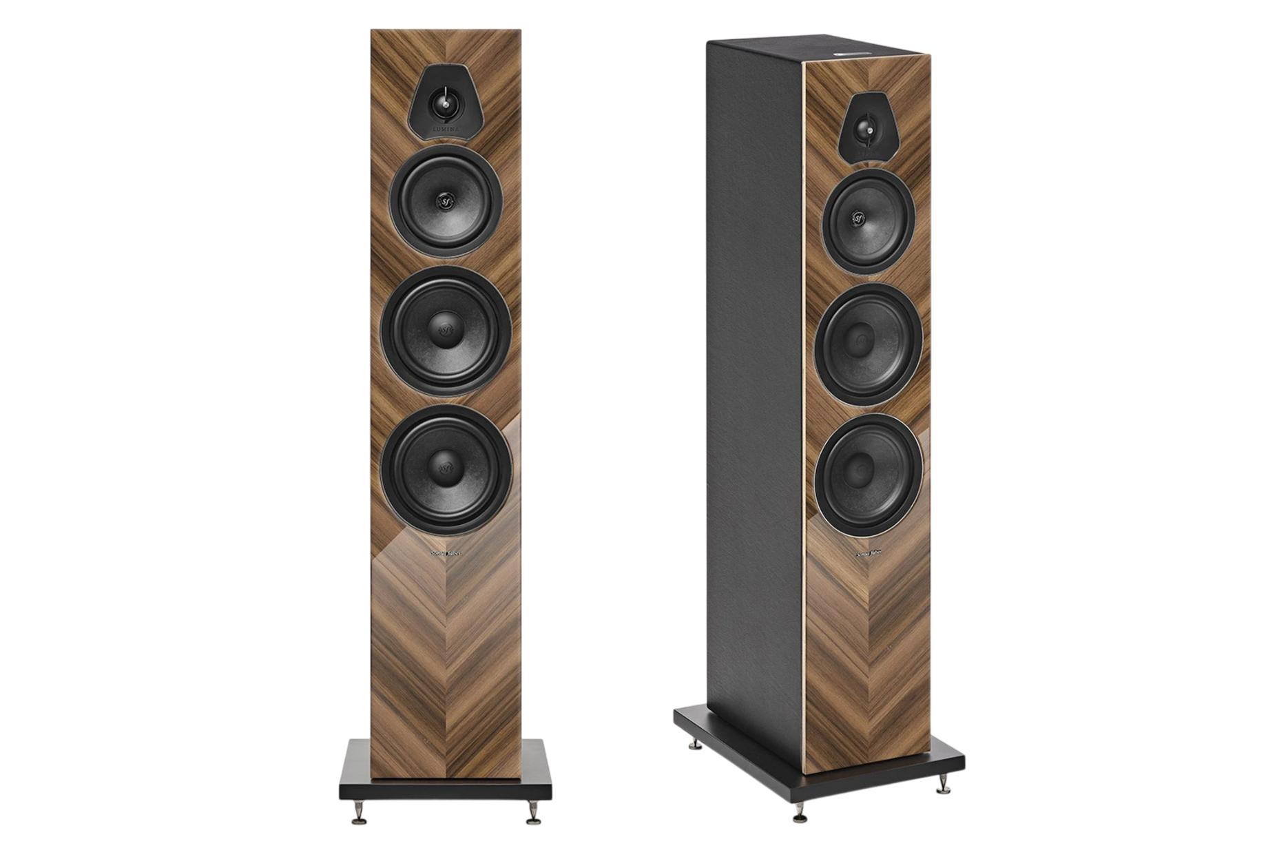 Salon 1 Audio Sonus faber Lumina V Amator floorstanding speakers in walnut wood veneer with black leather accents.