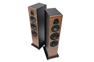 Salon 1 Audio Sonus faber Lumina V floorstanding speakers in walnut wood finish with black leather and paper cone drivers