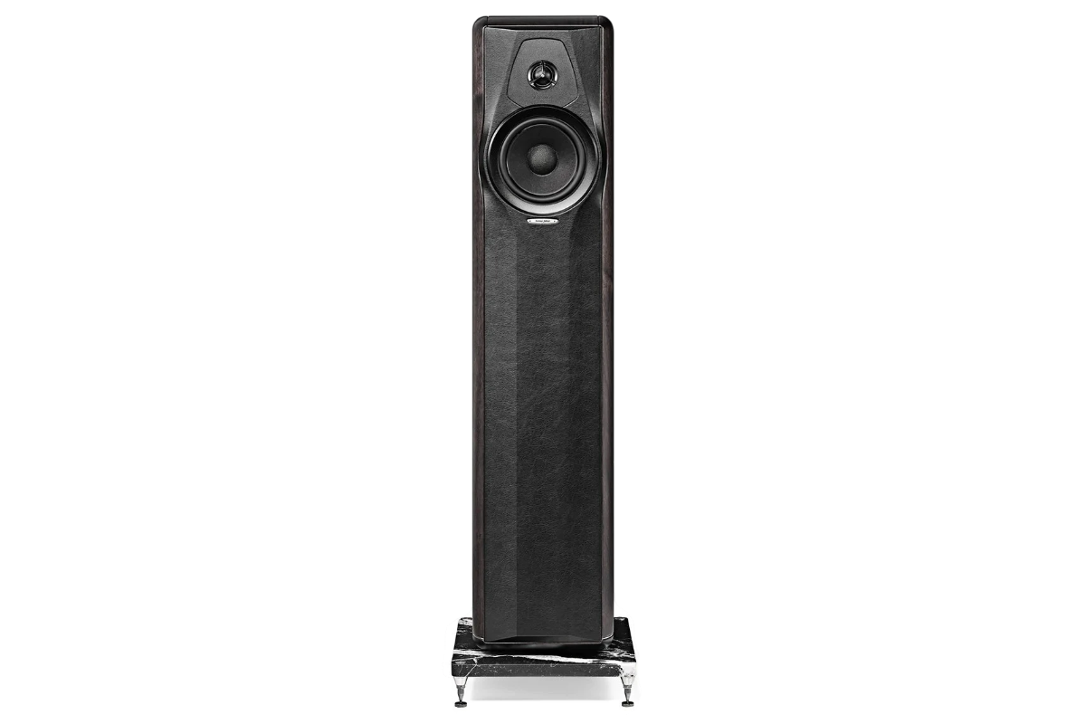 Salon 1 Audio Sonus faber Maxima Amator floorstanding speaker in solid walnut with black leather and marble base.