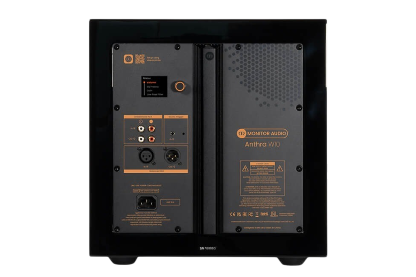 Rear panel of the Salon 1 Audio Monitor Audio Anthra W10 subwoofer showing LCD display, XLR and RCA inputs.
