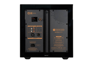 Rear panel of the Salon 1 Audio Monitor Audio Anthra W10 subwoofer showing LCD display, XLR and RCA inputs.