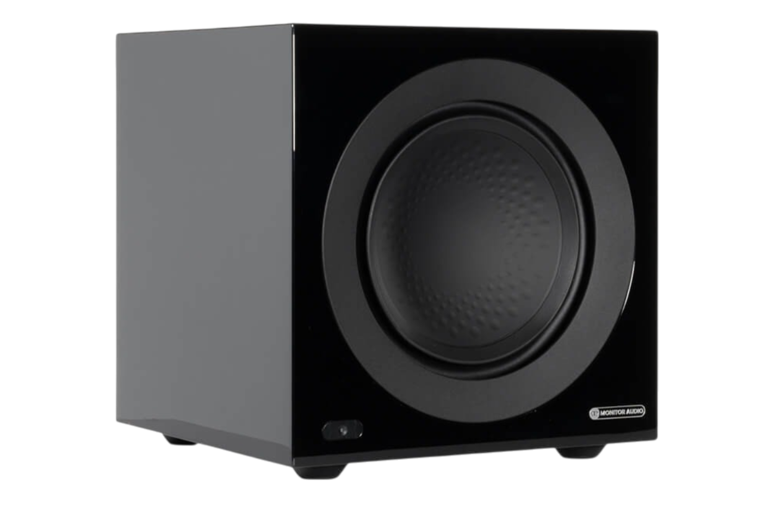 Salon 1 Audio Monitor Audio Anthra W10 compact powered subwoofer in high gloss black with 10-inch RST II driver.