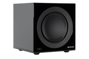 Salon 1 Audio Monitor Audio Anthra W10 compact powered subwoofer in high gloss black with 10-inch RST II driver.