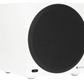 Salon 1 Audio Monitor Audio Anthra W10 white powered subwoofer with black circular grille in a compact sealed cabinet