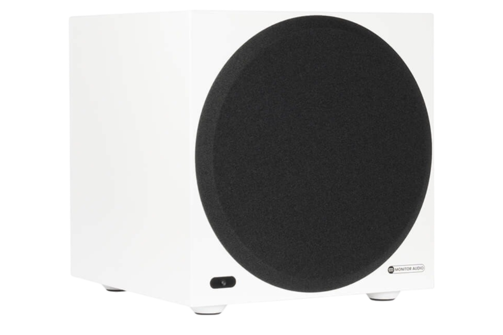 Salon 1 Audio Monitor Audio Anthra W10 white powered subwoofer with black circular grille in a compact sealed cabinet