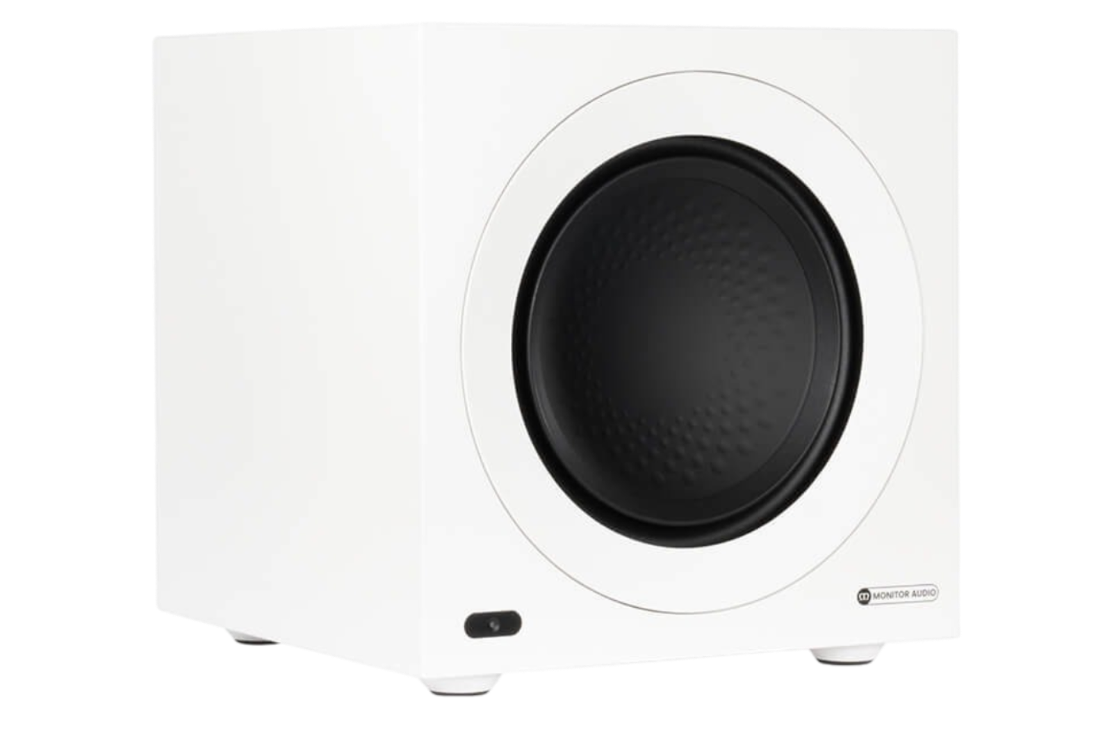 Salon 1 Audio Monitor Audio Anthra W10 powered subwoofer in satin white with a 10-inch black RST II driver.