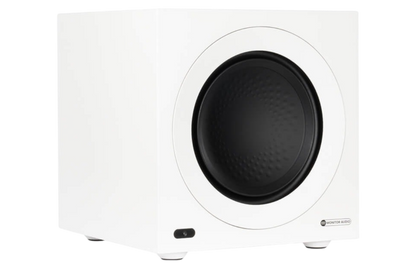 Salon 1 Audio Monitor Audio Anthra W10 powered subwoofer in satin white with a 10-inch black RST II driver.
