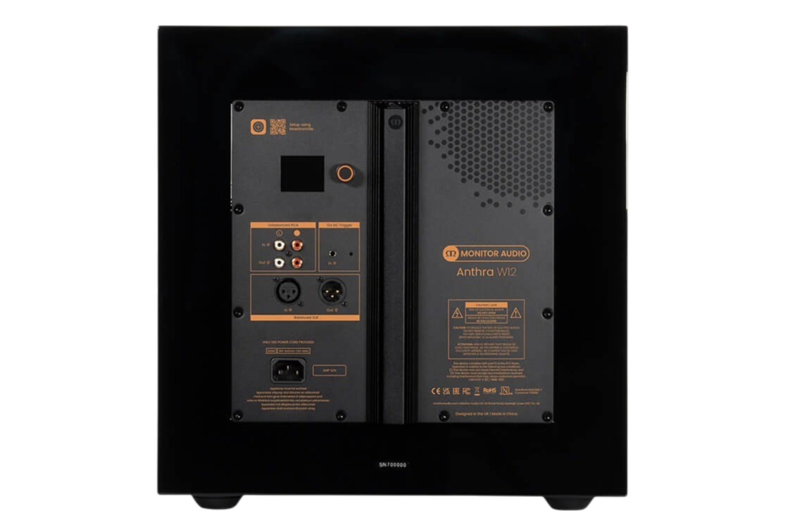 Salon 1 Audio Monitor Audio Anthra W12 powered subwoofer rear panel showing connectivity ports and LCD display