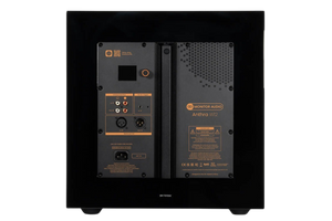 Salon 1 Audio Monitor Audio Anthra W12 powered subwoofer rear panel showing connectivity ports and LCD display