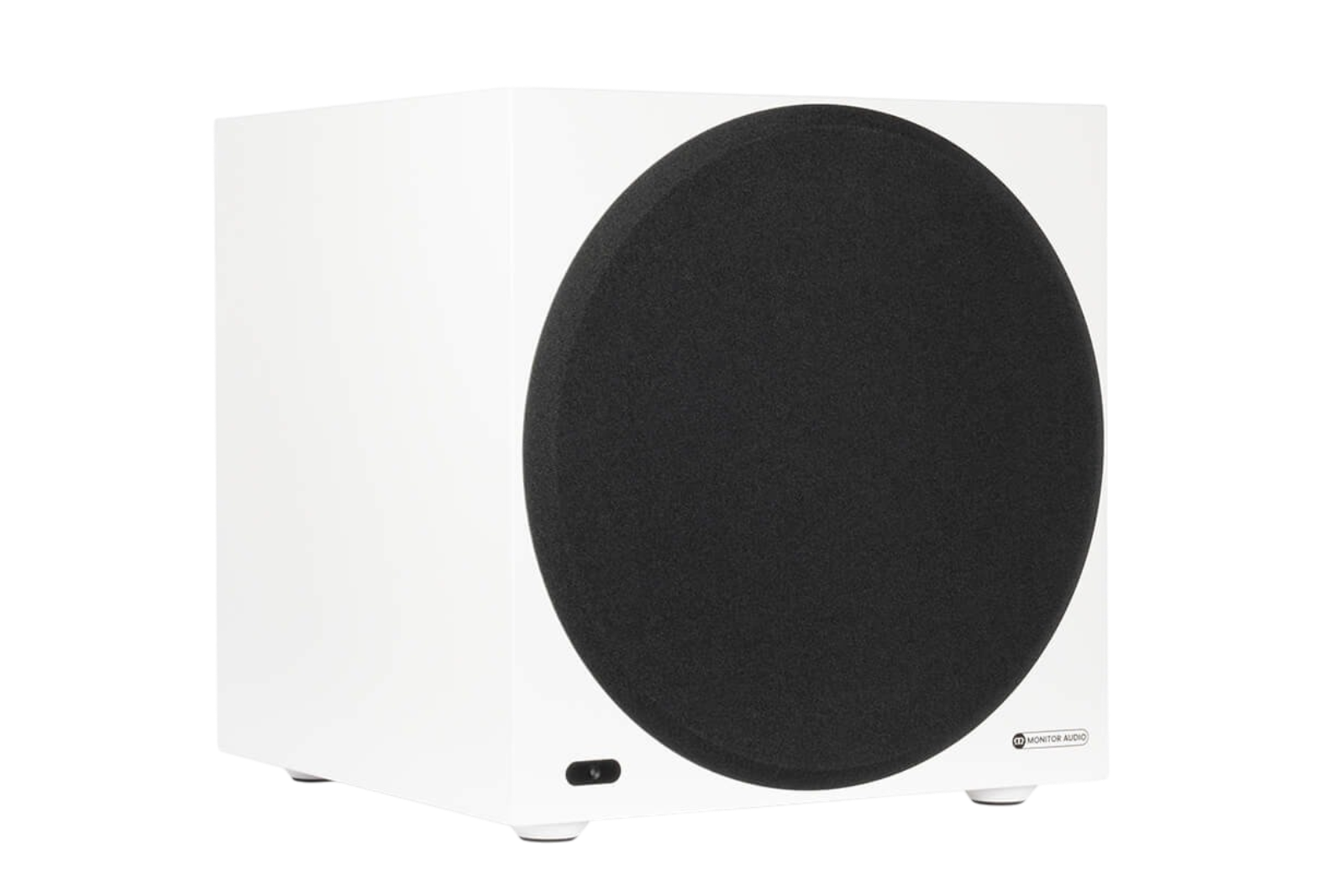 Salon 1 Audio Monitor Audio Anthra W12 white powered subwoofer with a black circular grille in a sealed cabinet.
