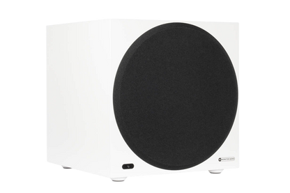 Salon 1 Audio Monitor Audio Anthra W12 white powered subwoofer with a black circular grille in a sealed cabinet.