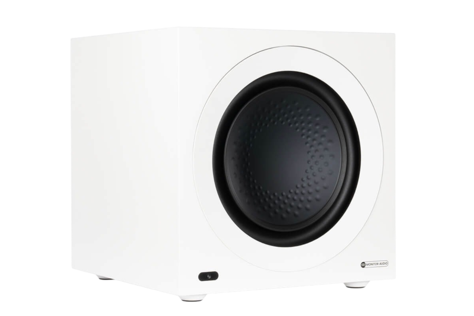 Salon 1 Audio Monitor Audio Anthra W12 white powered subwoofer with a 12-inch RST II driver in a sealed cabinet.