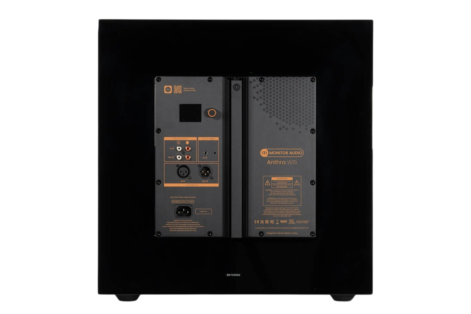 Rear panel of the Salon 1 Audio Monitor Audio Anthra W15 subwoofer showing the LCD display, XLR and RCA inputs.