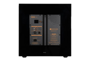 Rear panel of the Salon 1 Audio Monitor Audio Anthra W15 subwoofer showing the LCD display, XLR and RCA inputs.