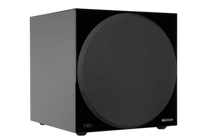 Salon 1 Audio Monitor Audio Anthra W15 powered subwoofer in a sleek black finish with a large front-firing driver.