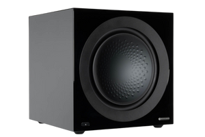 Salon 1 Audio Monitor Audio Anthra W15 flagship powered subwoofer in a sleek black finish with a 15-inch driver.
